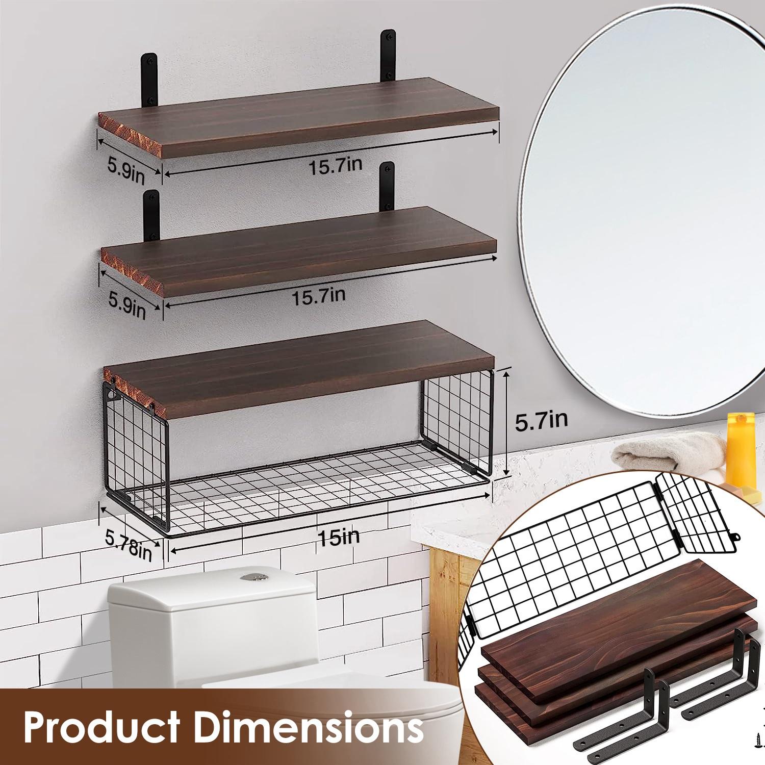 Rustic Wall Mounted Floating Shelves with Wire Basket, 3 Wood Shelves Over Toilet Bathroom Organizer, Farmhouse Storage Shelf for Bathroom, Kitchen, Bedroom and Living Room