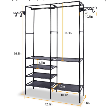 Freestanding Garment Rack with Shelves, Metal Clothes Rack with 2 Hanging Rods and Side Hooks, Closet Organizer for Bedroom, Laundry Room and Dorm