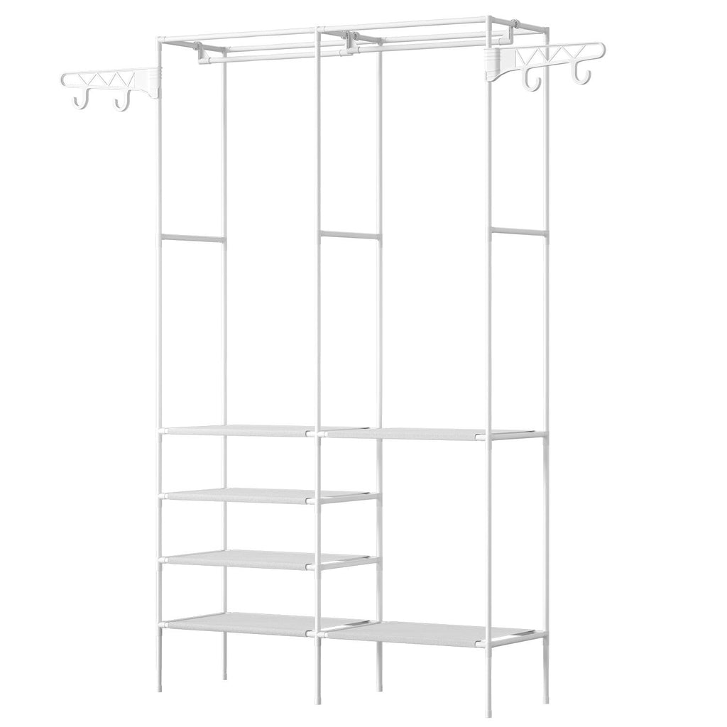 Freestanding Garment Rack with Shelves, Metal Clothes Rack with 2 Hanging Rods and Side Hooks, Closet Organizer for Bedroom, Laundry Room and Dorm