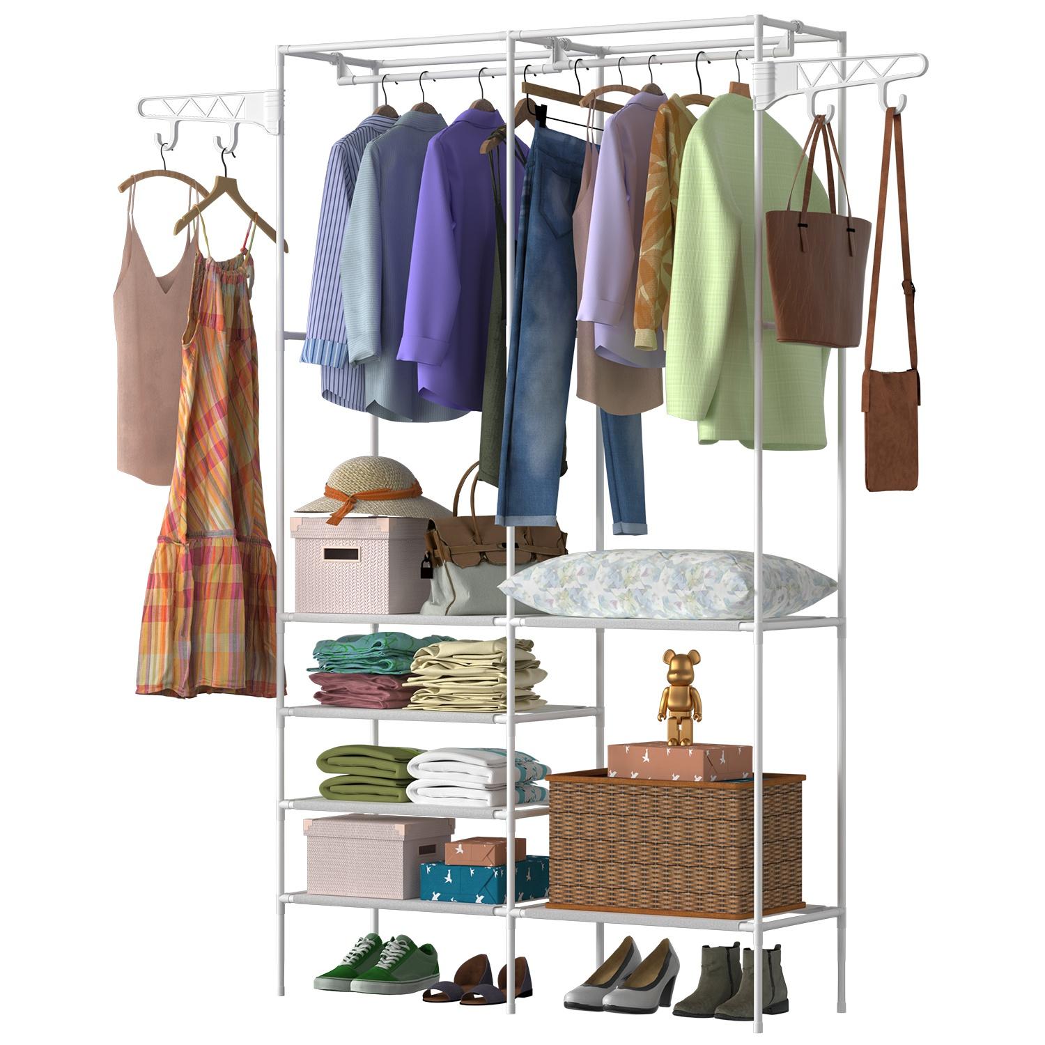 Freestanding Garment Rack with Shelves, Metal Clothes Rack with 2 Hanging Rods and Side Hooks, Closet Organizer for Bedroom, Laundry Room and Dorm