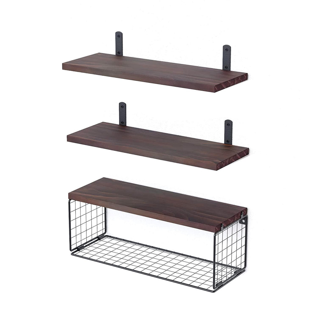 Rustic Wall Mounted Floating Shelves with Wire Basket, 3 Wood Shelves Over Toilet Bathroom Organizer, Farmhouse Storage Shelf for Bathroom, Kitchen, Bedroom and Living Room