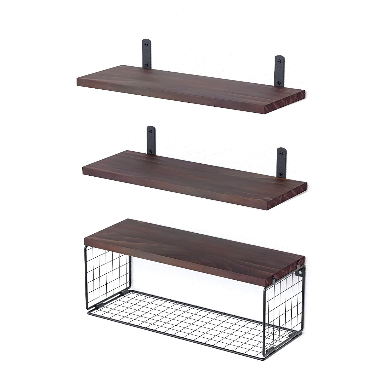 Rustic Wall Mounted Floating Shelves with Wire Basket, 3 Wood Shelves Over Toilet Bathroom Organizer, Farmhouse Storage Shelf for Bathroom, Kitchen, Bedroom and Living Room