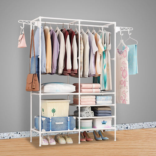 Freestanding Garment Rack with Shelves, Metal Clothes Rack with 2 Hanging Rods and Side Hooks, Closet Organizer for Bedroom, Laundry Room and Dorm