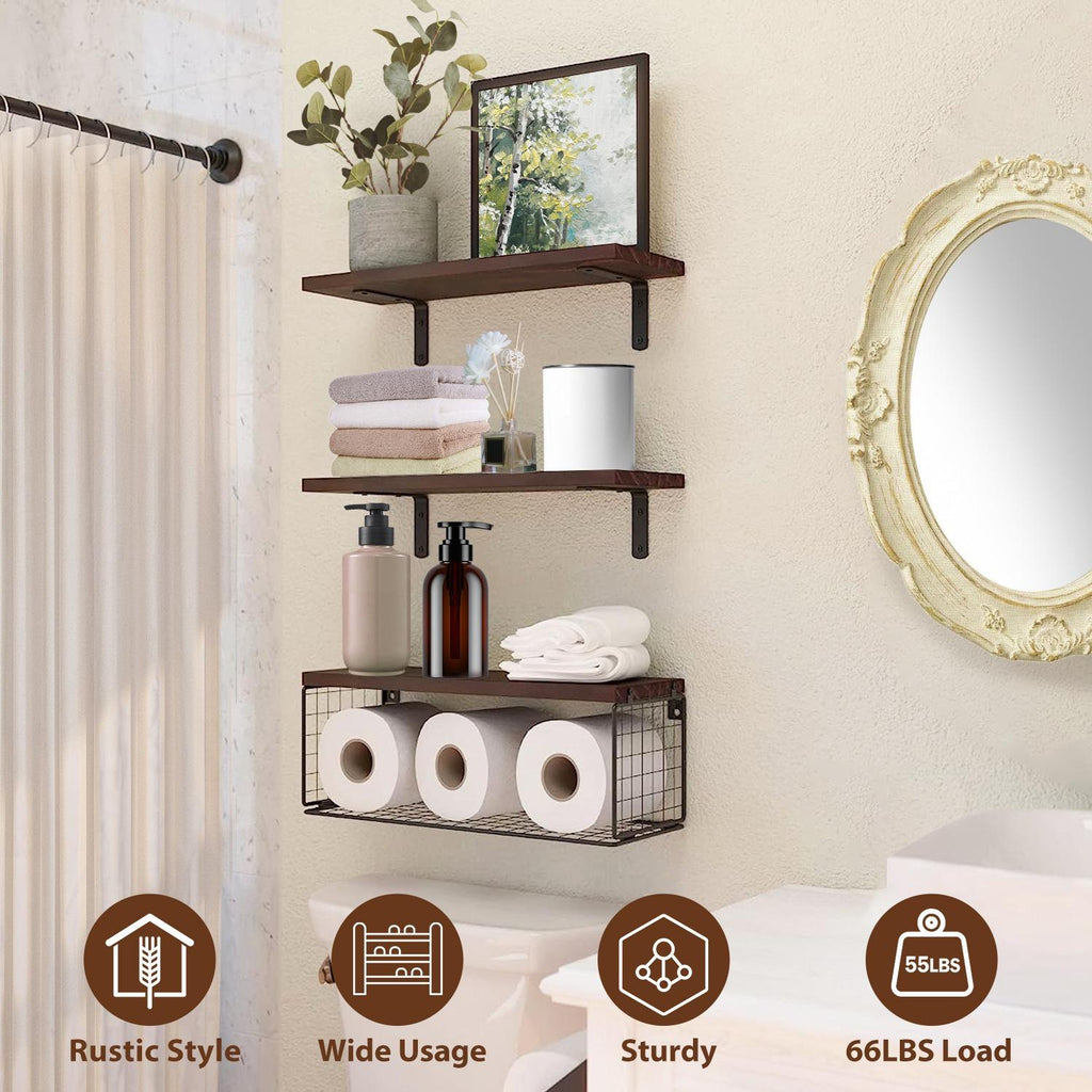 Rustic Wall Mounted Floating Shelves with Wire Basket, 3 Wood Shelves Over Toilet Bathroom Organizer, Farmhouse Storage Shelf for Bathroom, Kitchen, Bedroom and Living Room