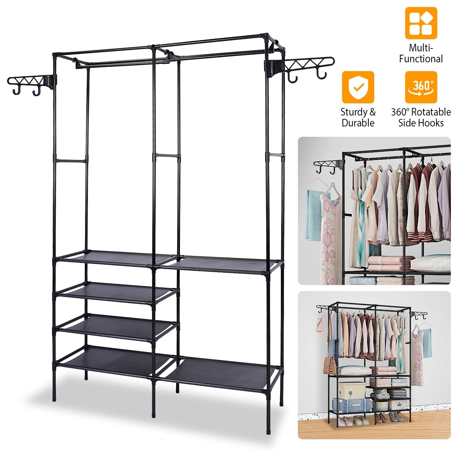 Freestanding Garment Rack with Shelves, Metal Clothes Rack with 2 Hanging Rods and Side Hooks, Closet Organizer for Bedroom, Laundry Room and Dorm