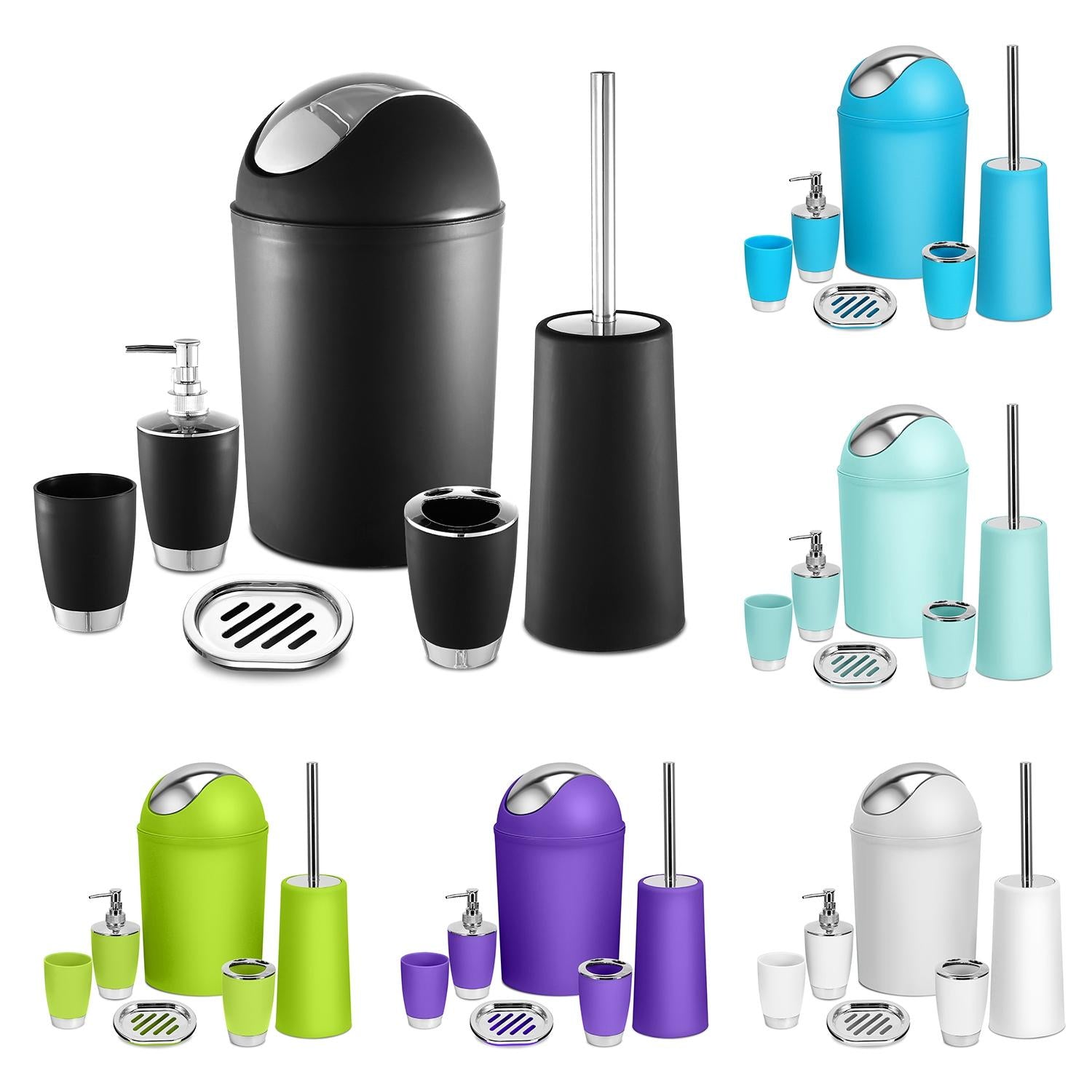 6-Piece Aqua PP Plastic Bathroom Matching Set - Smooth, Lightweight Coordinated Kit with Soap Dispenser, Toothbrush Holder, Tumbler, Soap Dish, Trash Can, Toilet Brush Holder for Easy Wipe Cleaning, Vanity Decor, Matching Sets