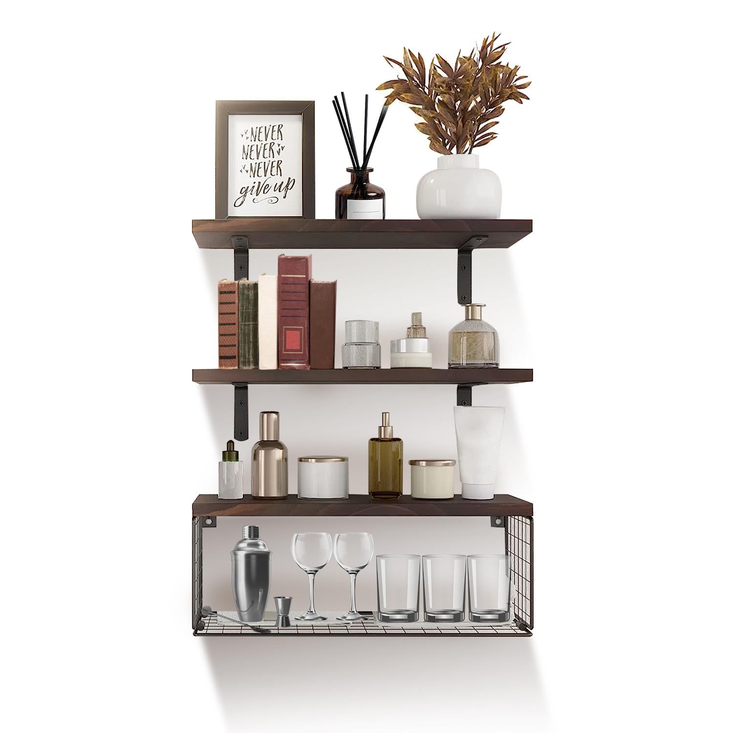 Rustic Wall Mounted Floating Shelves with Wire Basket, 3 Wood Shelves Over Toilet Bathroom Organizer, Farmhouse Storage Shelf for Bathroom, Kitchen, Bedroom and Living Room
