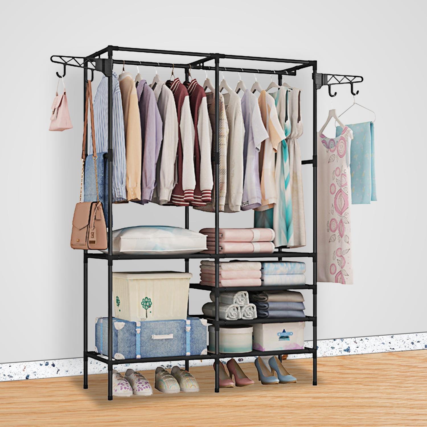Freestanding Garment Rack with Shelves, Metal Clothes Rack with 2 Hanging Rods and Side Hooks, Closet Organizer for Bedroom, Laundry Room and Dorm